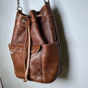 Genuine Leather Drawstring Crossbody Bucket Bag, Brown, Plaid Lining. Retro, Y2K